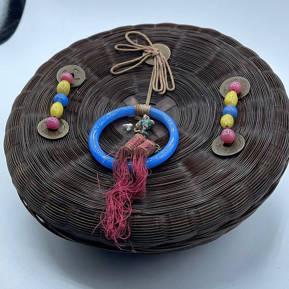 Antique Chinese sewing wicker basket beaded old coins tassel